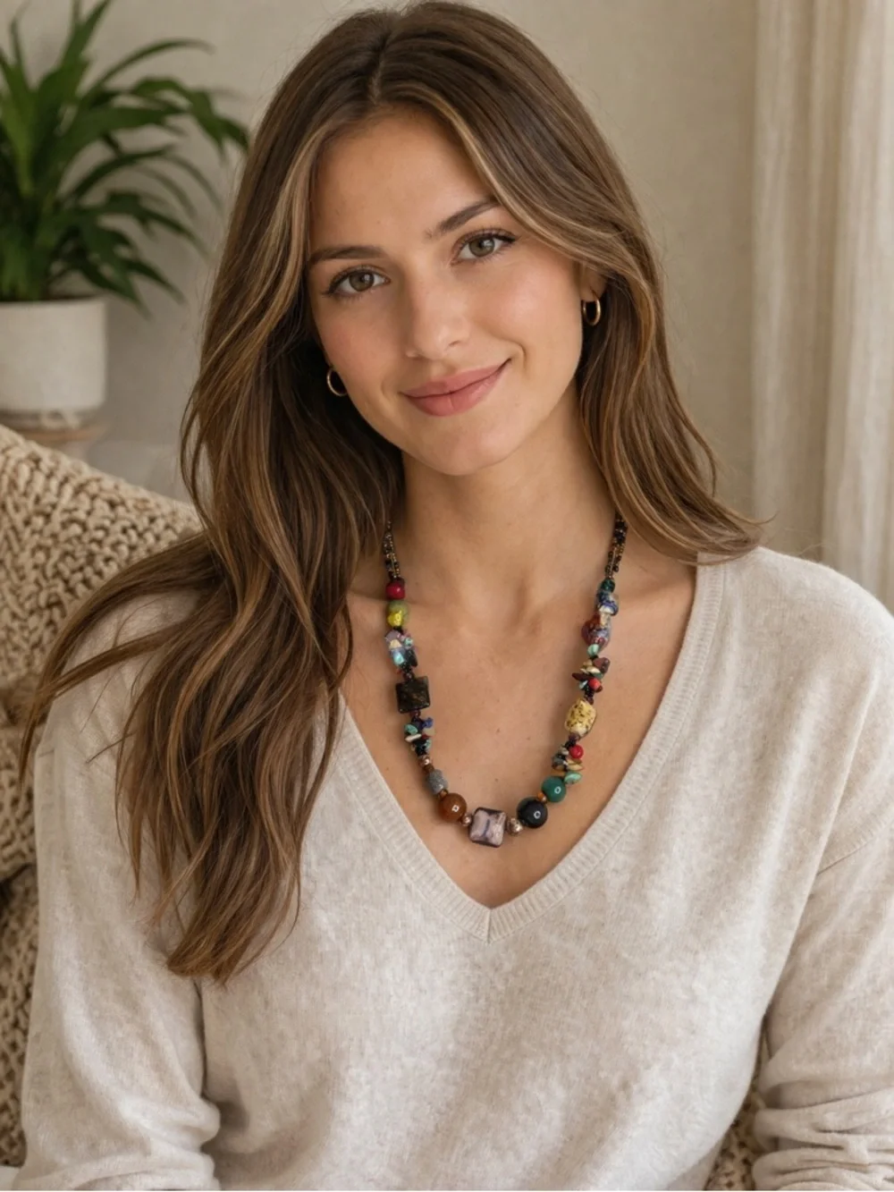 multicolor glass Ceramic bronze decorated bead boho necklace Chunky mix rock - Picture 1 of 5